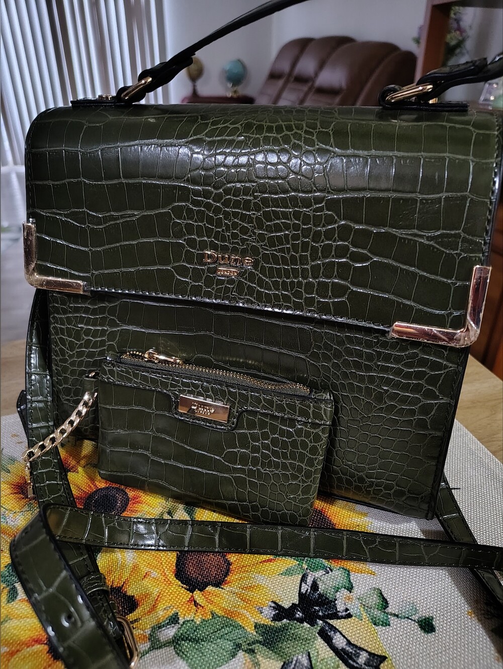 Dune London Olive Croc-Embossed Satchel with Matching Pouch